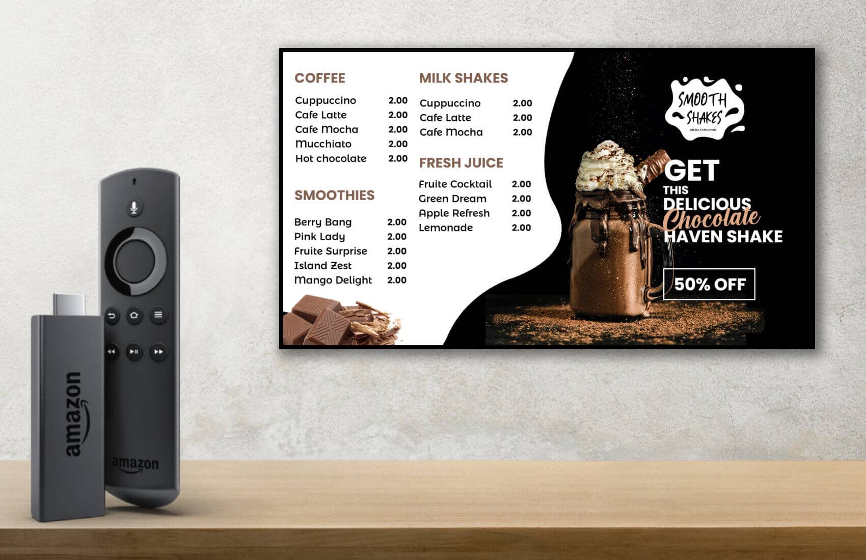purchase fire stick to publish your menu on tv